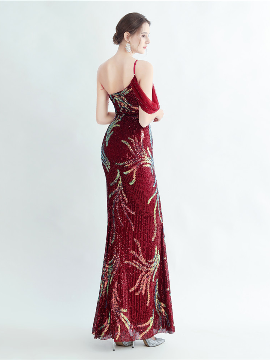 Elegant Feather Trim Sequin One-Shoulder Formal Dress M02324