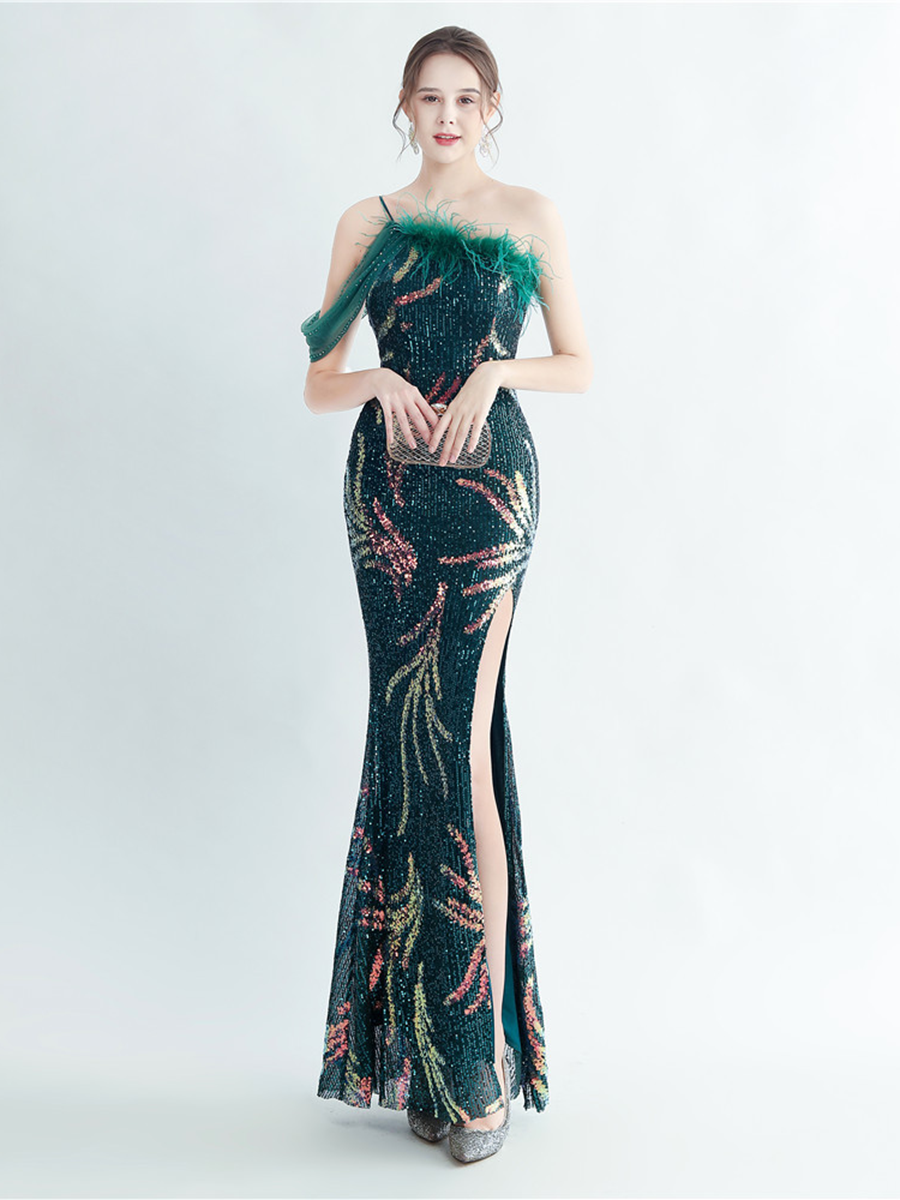 Elegant Feather Trim Sequin One-Shoulder Formal Dress M02324