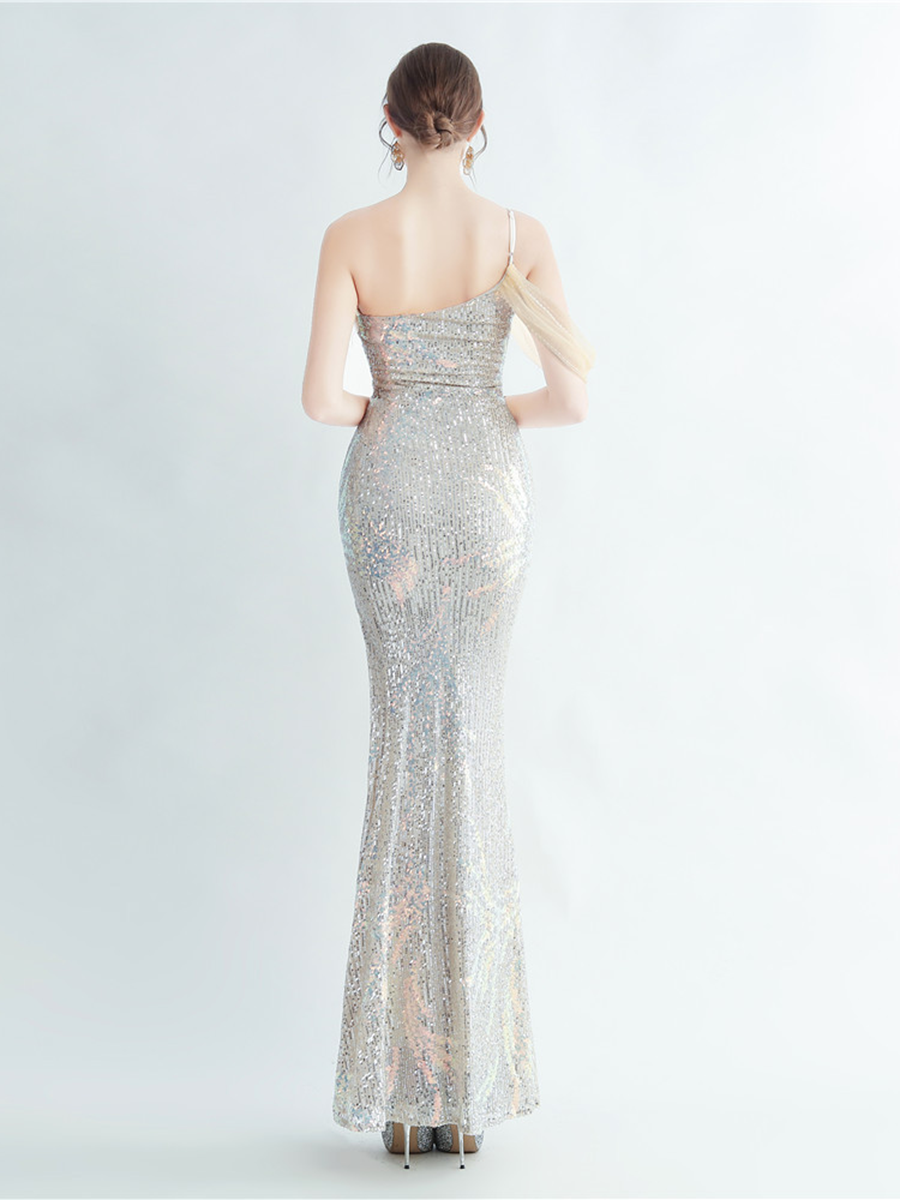 Elegant Feather Trim Sequin One-Shoulder Formal Dress M02324
