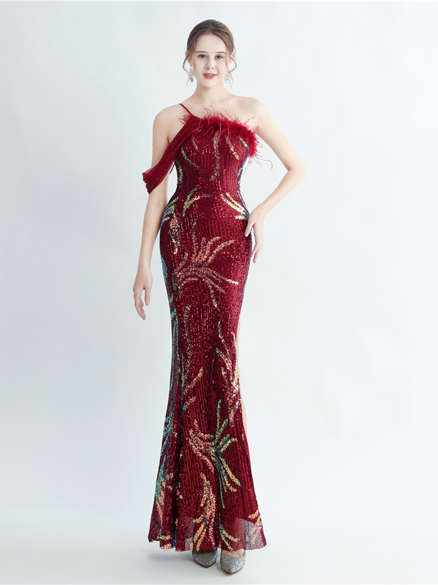 Elegant Feather Trim Sequin One-Shoulder Formal Dress M02324