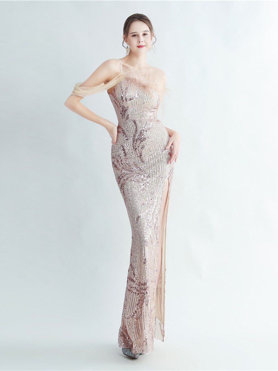 Elegant Feather Trim Sequin One-Shoulder Formal Dress M02324