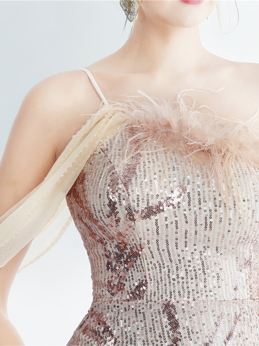 Elegant Feather Trim Sequin One-Shoulder Formal Dress M02324