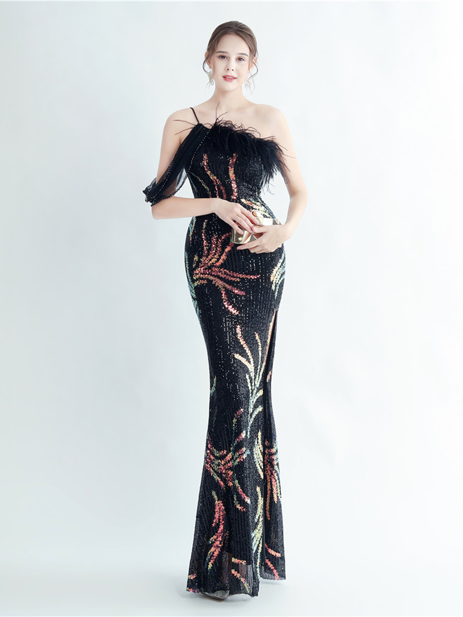 Elegant Feather Trim Sequin One-Shoulder Formal Dress M02324