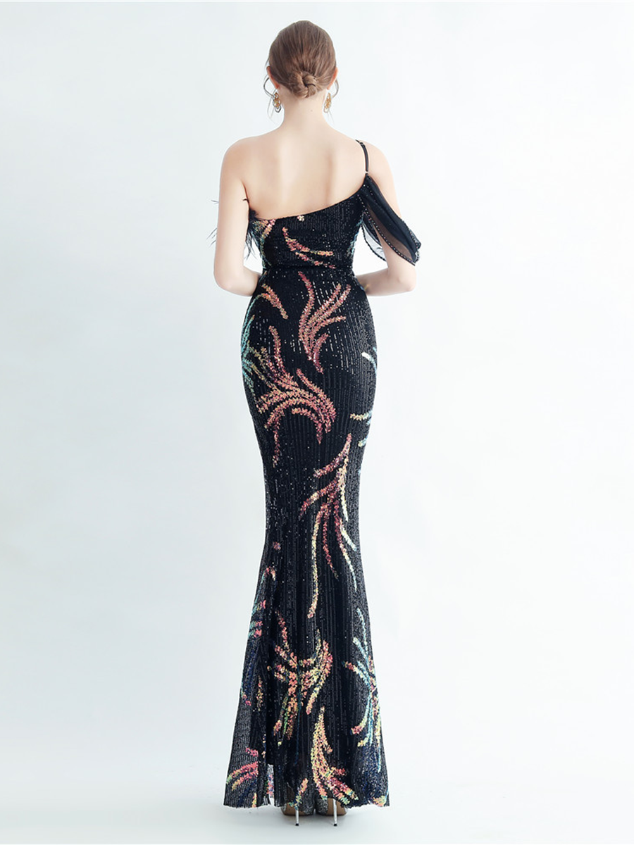 Elegant Feather Trim Sequin One-Shoulder Formal Dress M02324