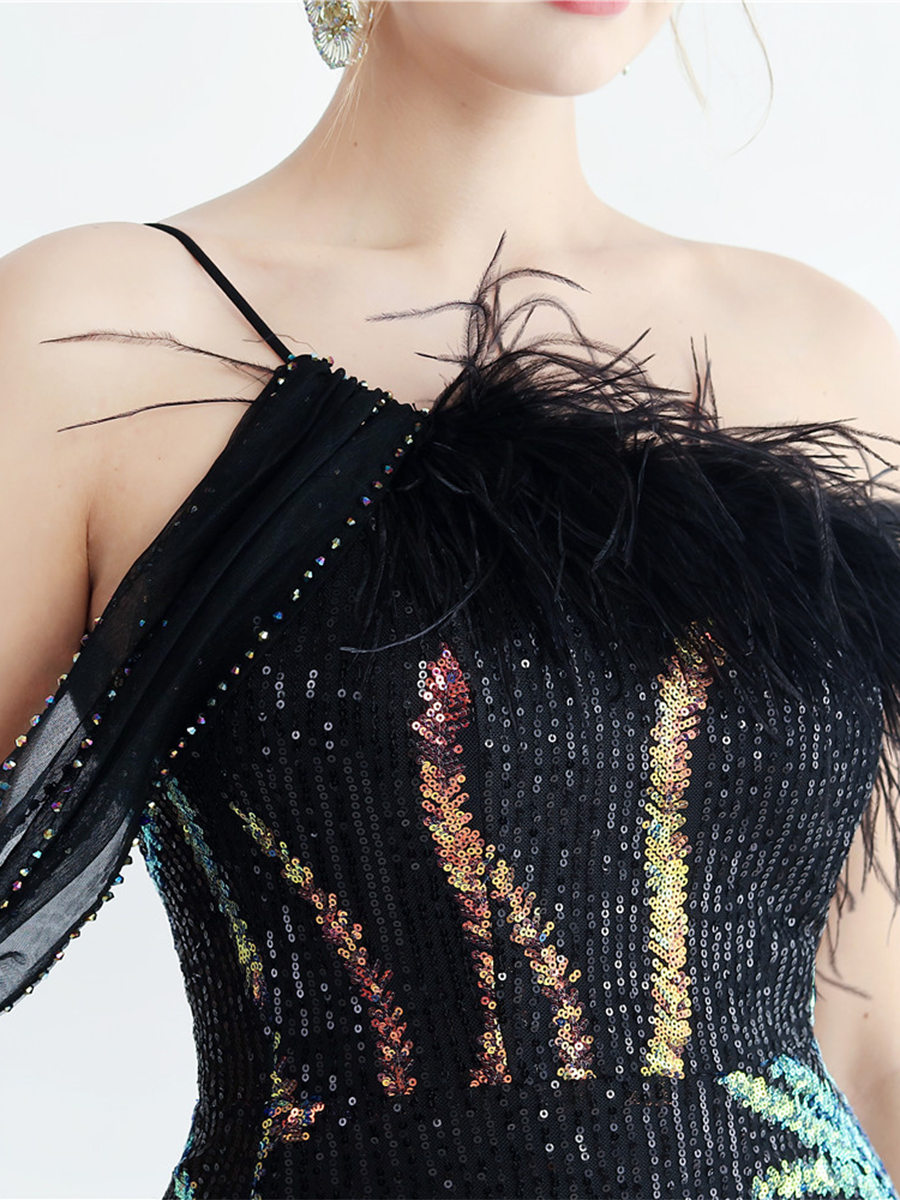 Elegant Feather Trim Sequin One-Shoulder Formal Dress M02324