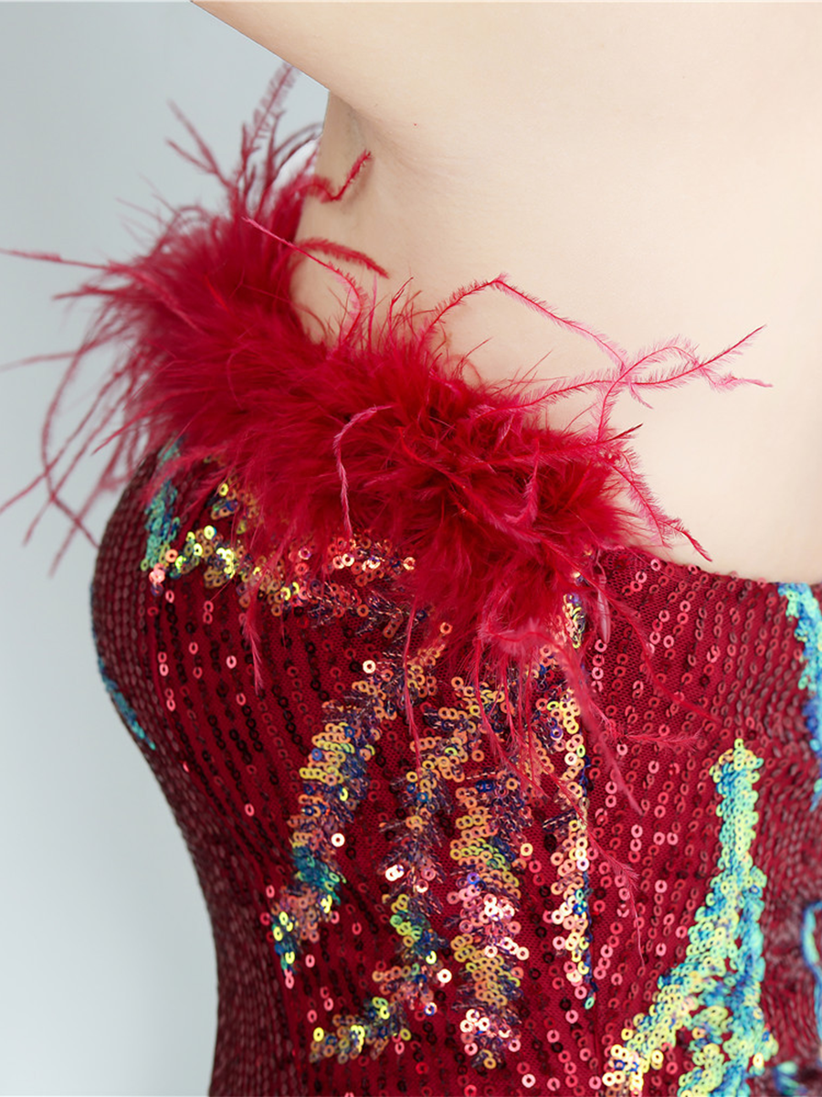 Elegant Feather Trim Sequin One-Shoulder Formal Dress M02324