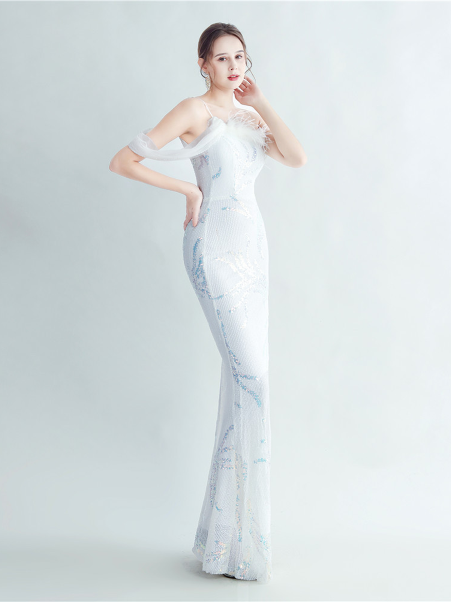 Elegant Feather Trim Sequin One-Shoulder Formal Dress M02324