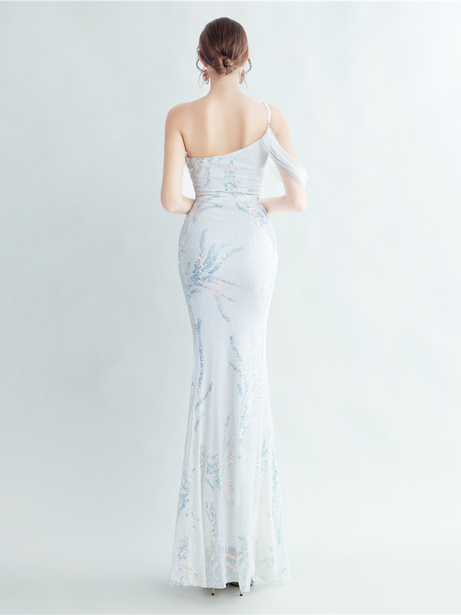 Elegant Feather Trim Sequin One-Shoulder Formal Dress M02324