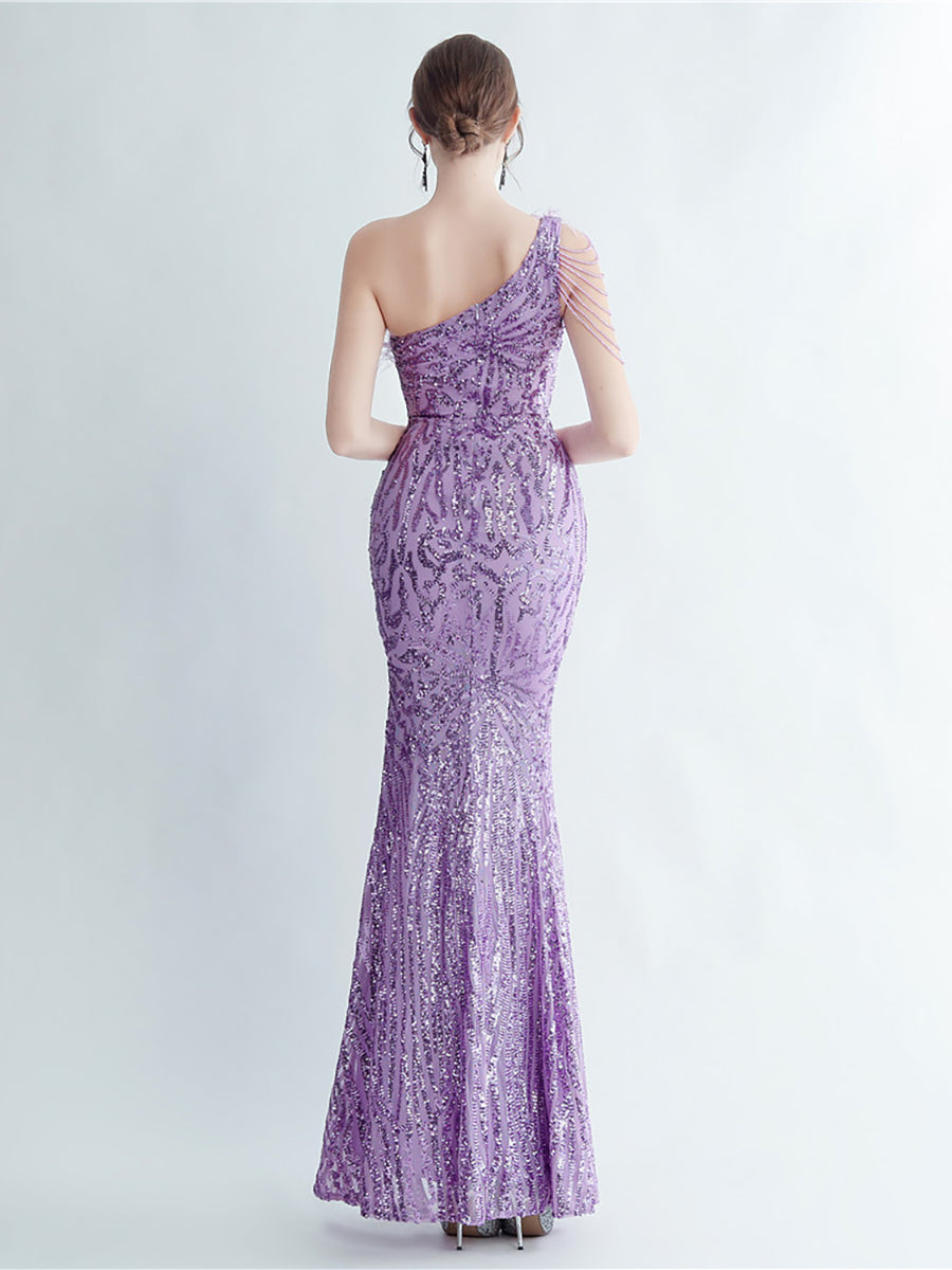 One Shoulder Feather Beads Chain Sequin Black Prom Dress M02337