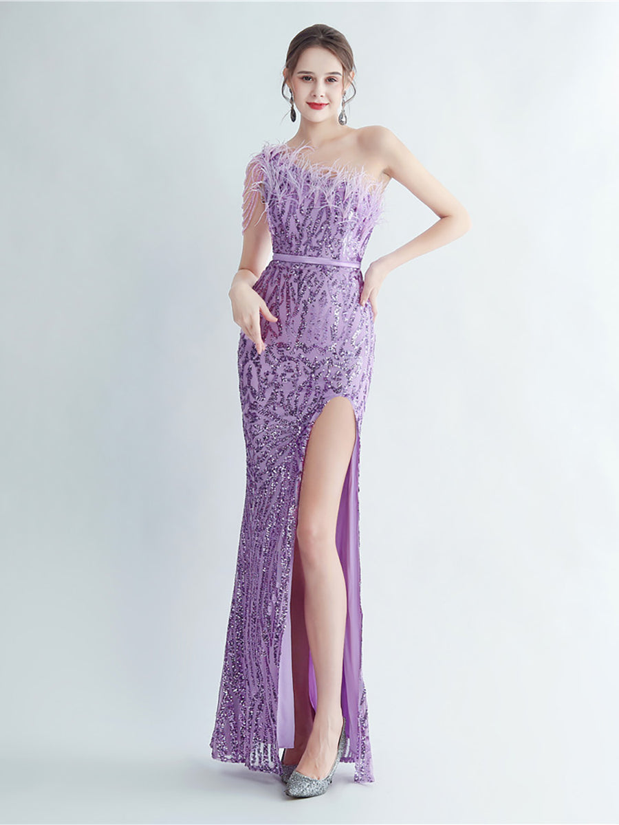 One Shoulder Feather Beads Chain Sequin Black Prom Dress M02337