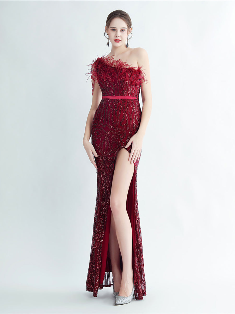 Feather Sequin Split Formal Dress M02337
