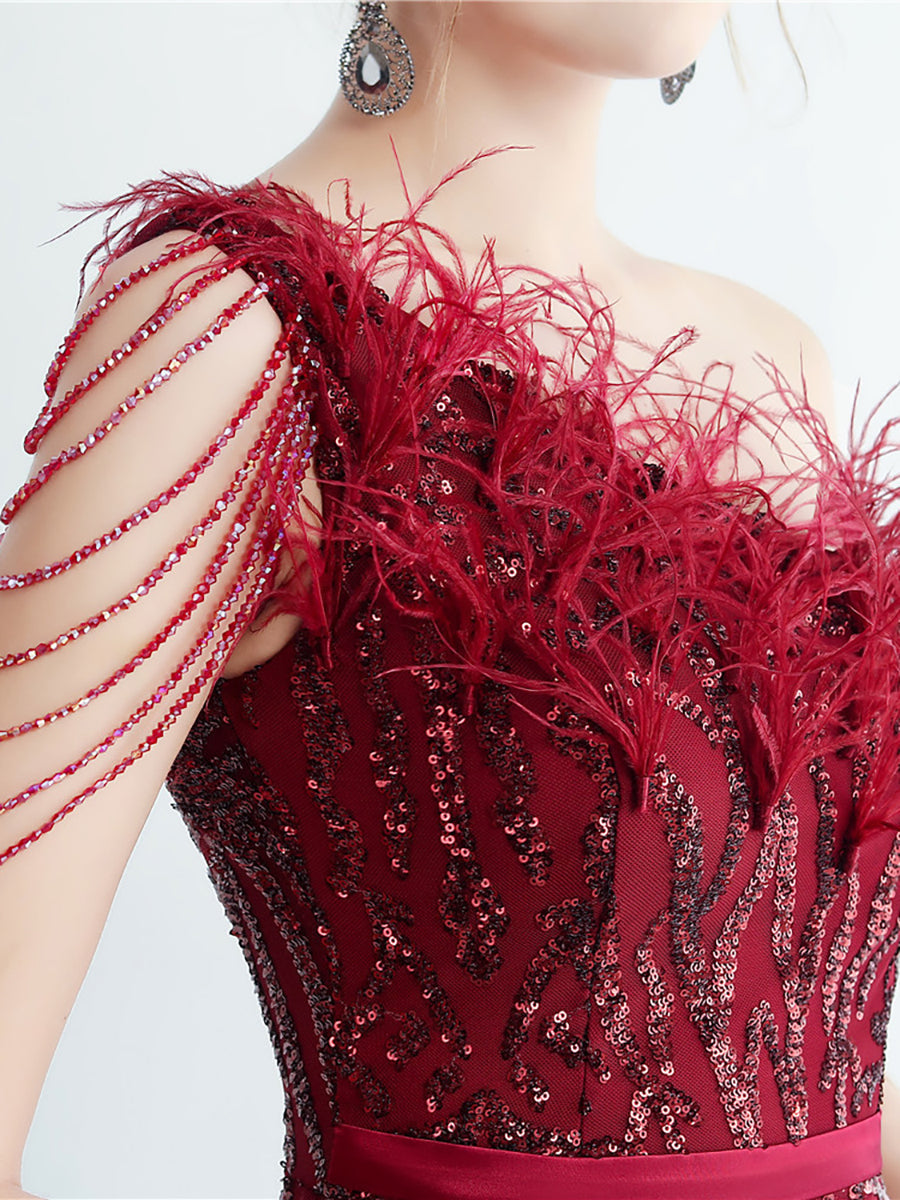Feather Sequin Split Formal Dress M02337