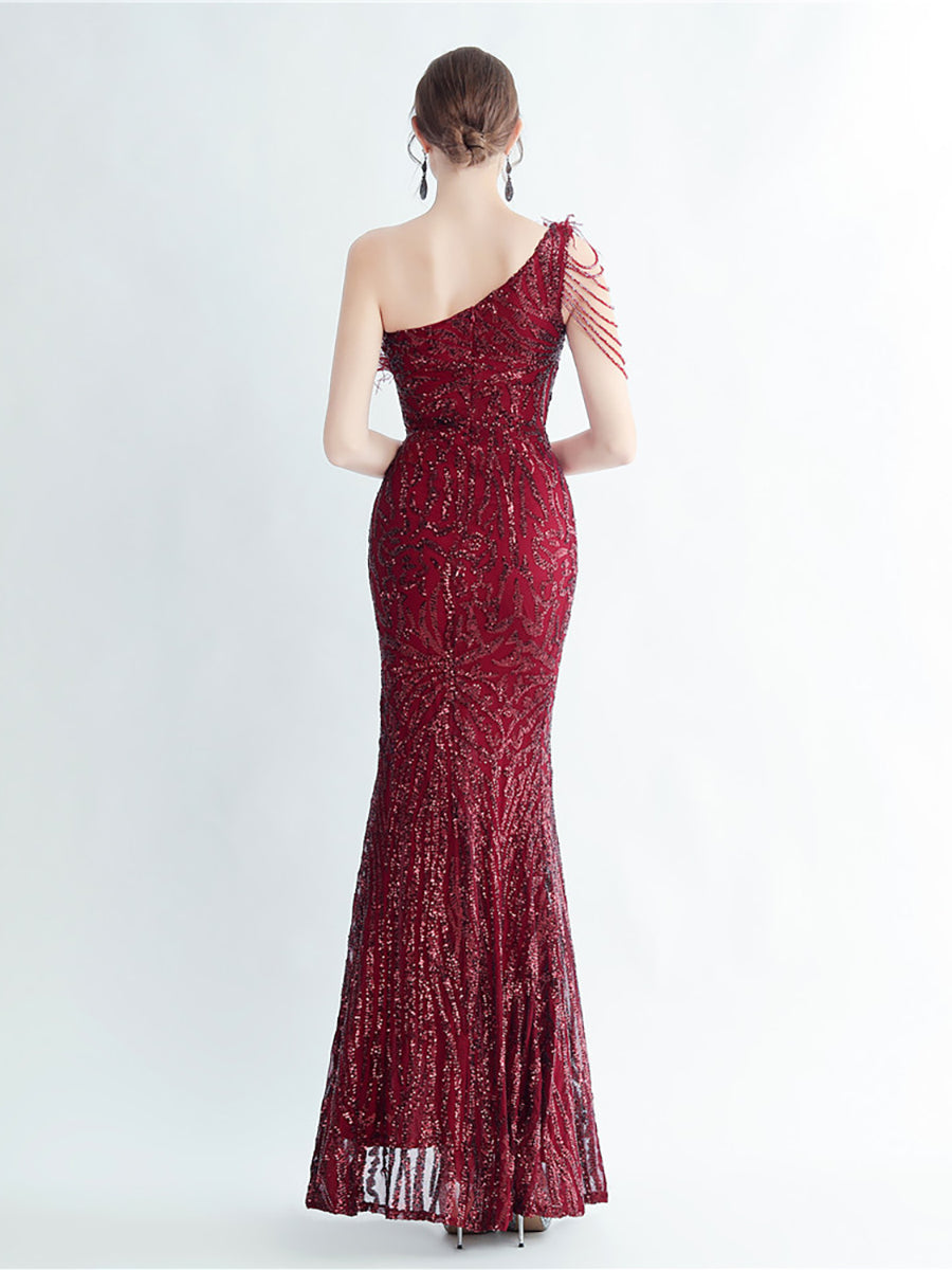 One Shoulder Feather Beads Chain Sequin Black Prom Dress M02337