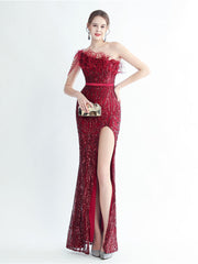 Feather Sequin Split Formal Dress M02337