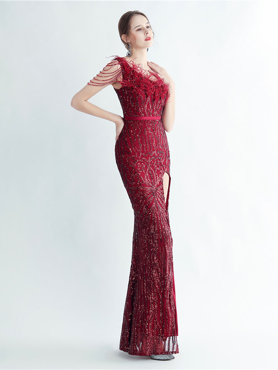 Feather Sequin Split Formal Dress M02337