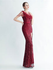 Feather Sequin Split Formal Dress M02337