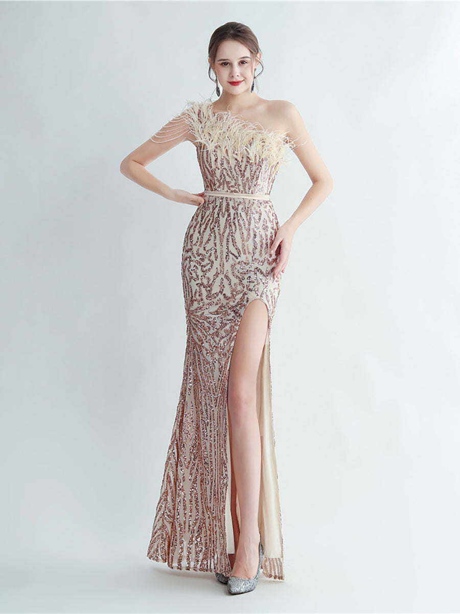 One Shoulder Feather Beads Chain Sequin Black Prom Dress M02337