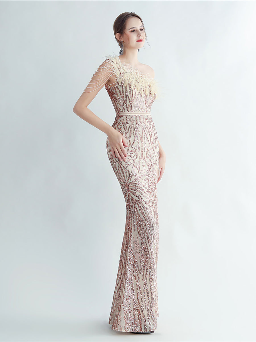 One Shoulder Feather Beads Chain Sequin Black Prom Dress M02337