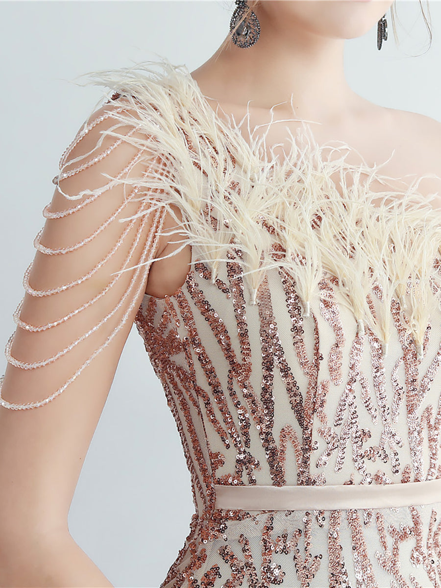 One Shoulder Feather Beads Chain Sequin Black Prom Dress M02337