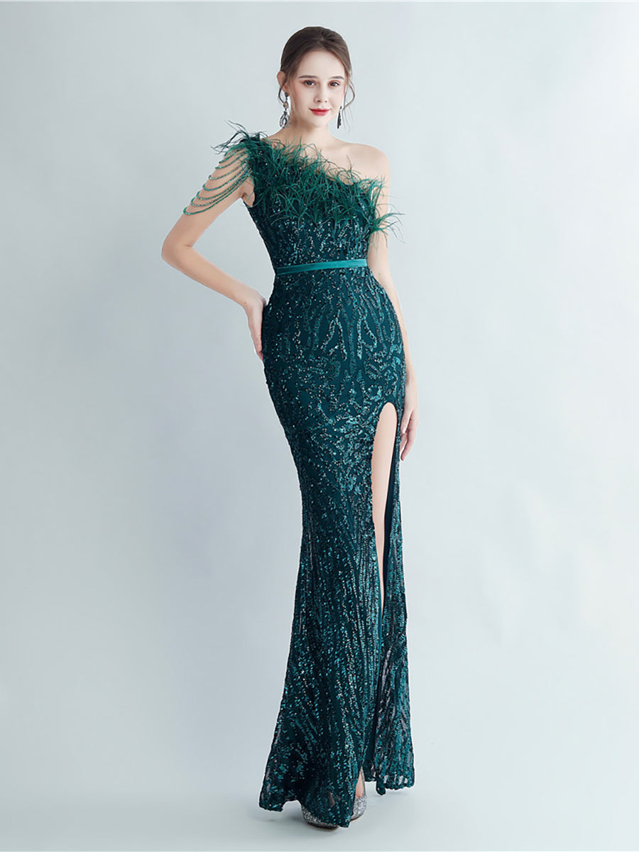 One Shoulder Feather Beads Chain Sequin Black Prom Dress M02337