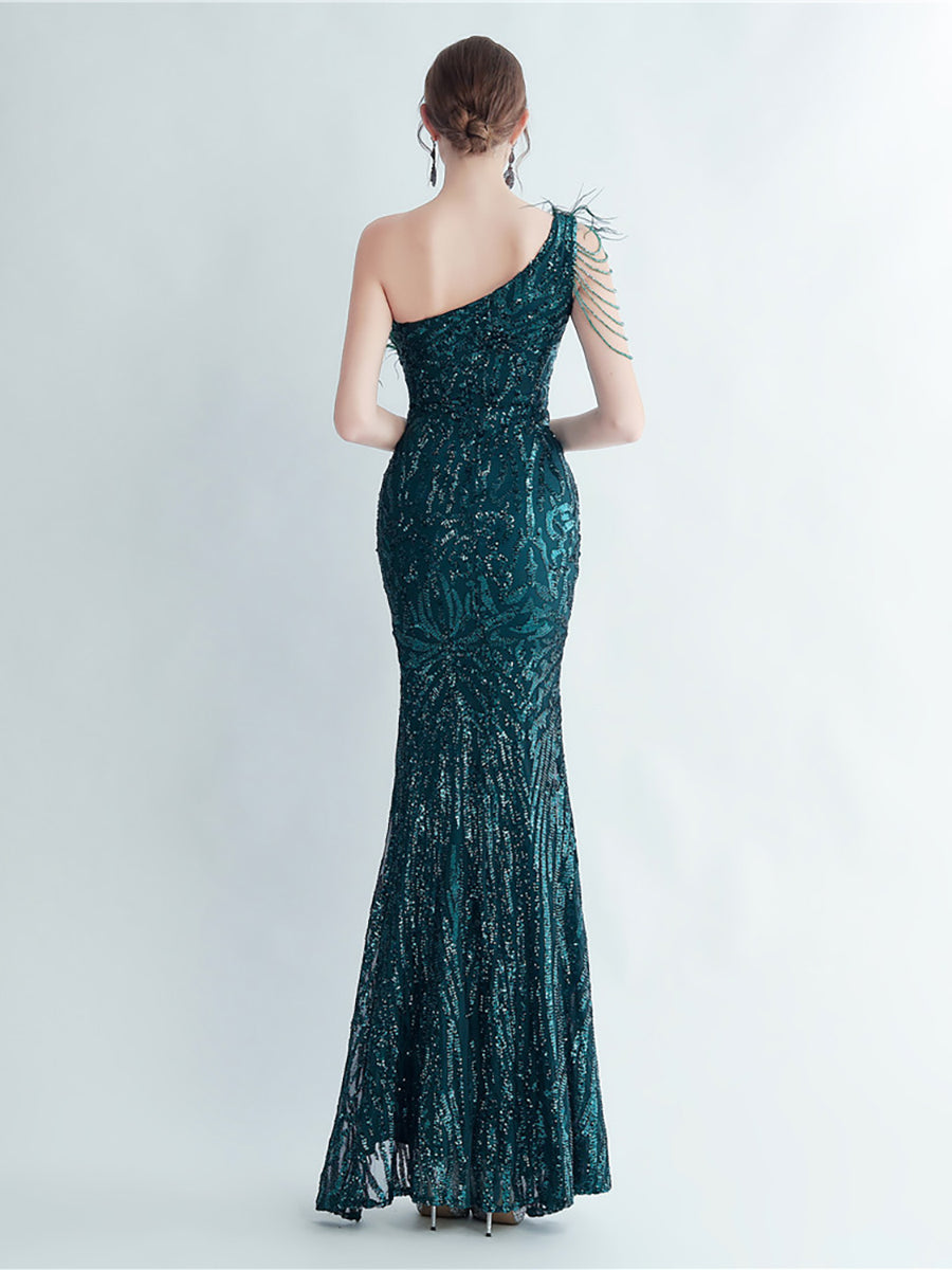 One Shoulder Feather Beads Chain Sequin Black Prom Dress M02337