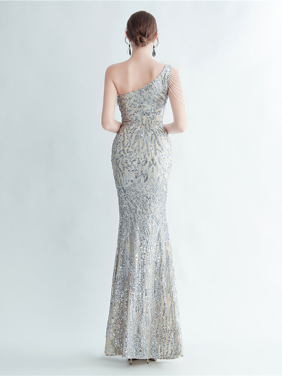 One Shoulder Feather Beads Chain Sequin Black Prom Dress M02337
