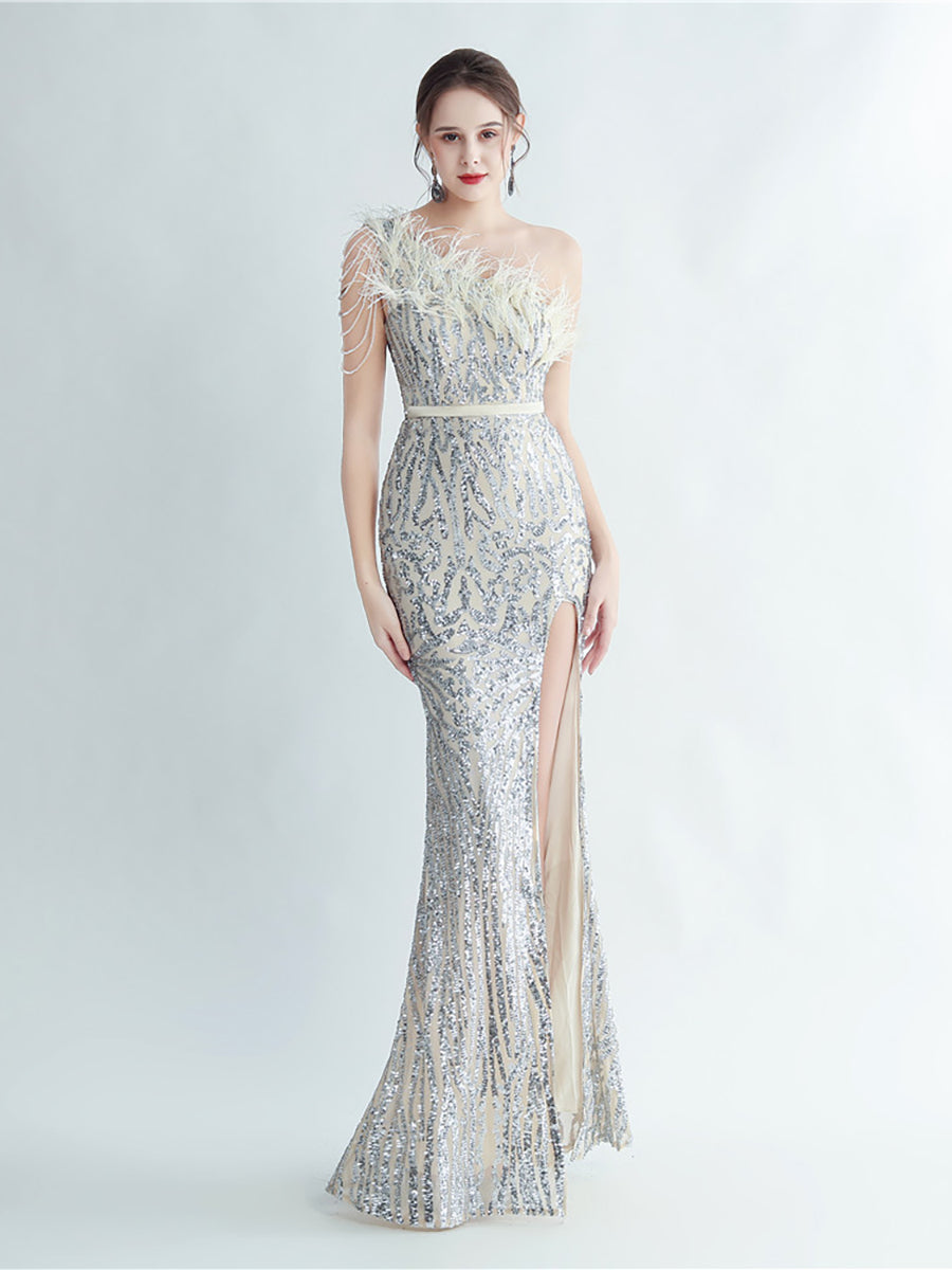 One Shoulder Feather Beads Chain Sequin Black Prom Dress M02337