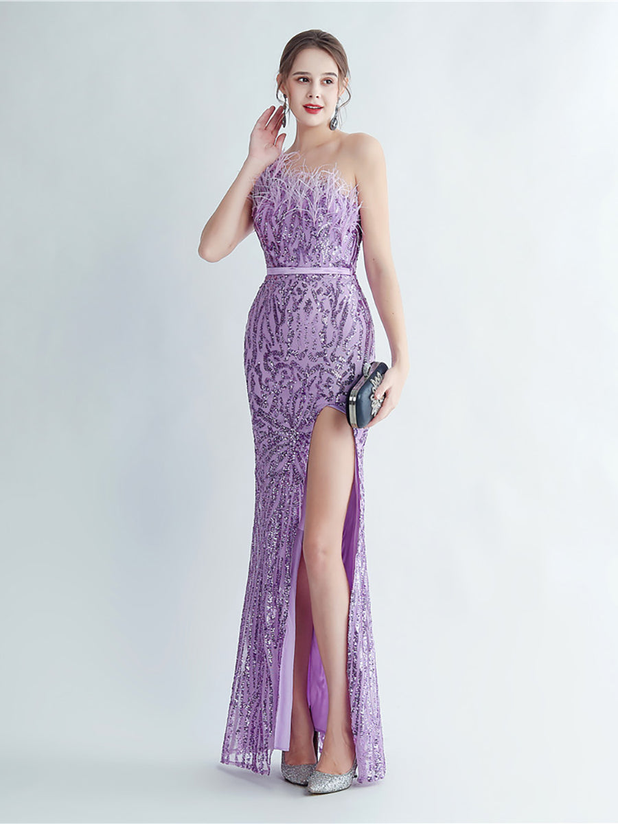 One Shoulder Feather Beads Chain Sequin Black Prom Dress M02337