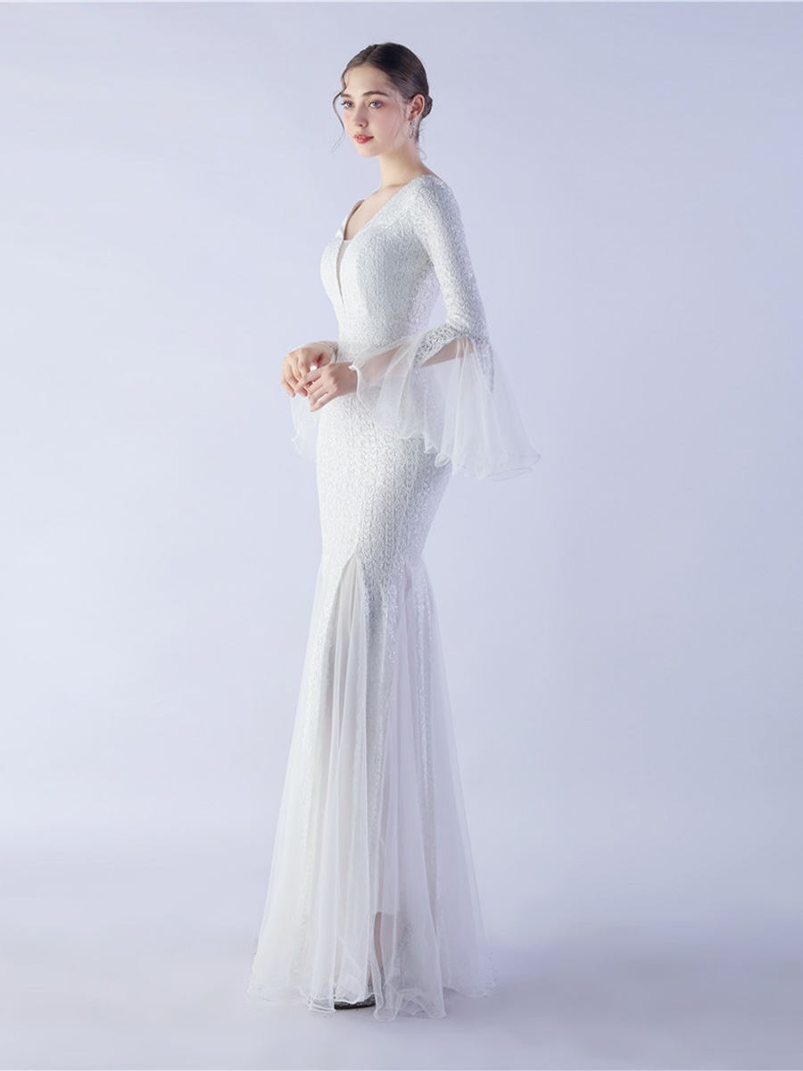 Sequin V-neck Ruffled Mermaid Elegant Bridal Dress M02339