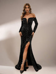 Off Shoulder Mesh Insert Split Sequin Prom Dress M0806