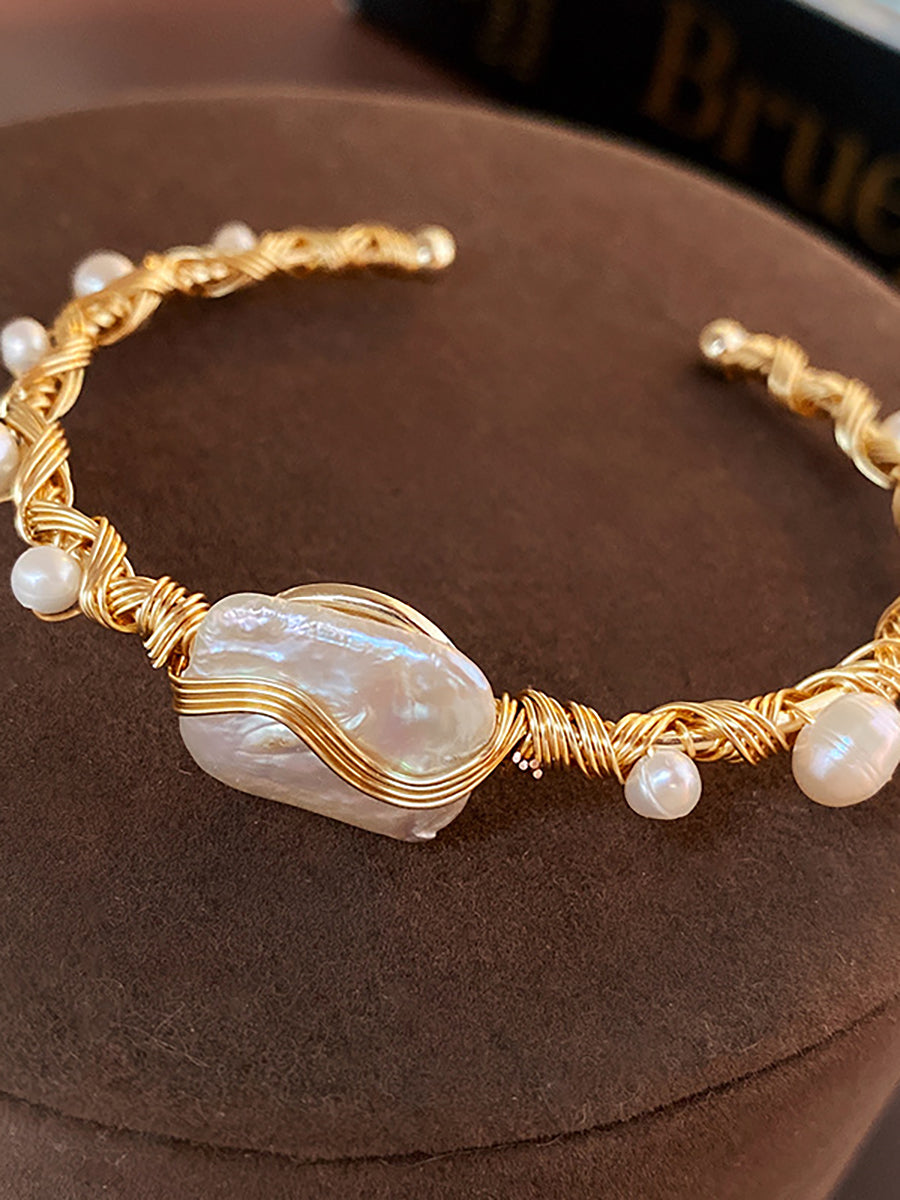 Baroque Pearl Gold Wire Cuff Bracelet MBS0128