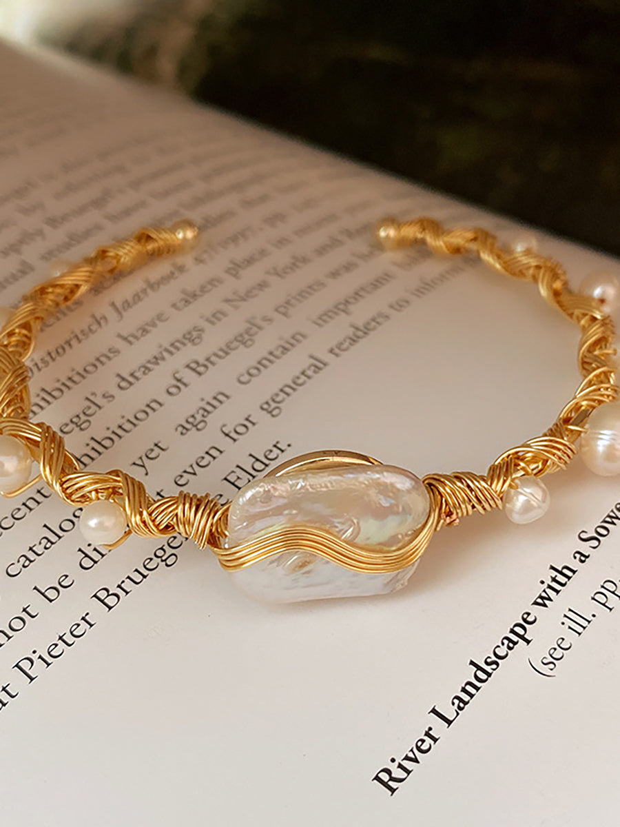 Baroque Pearl Gold Wire Cuff Bracelet MBS0128