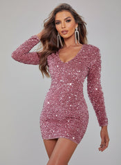 Sequin Long Sleeve V-neck Mini Party Dress MCC1213