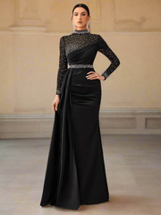 Elegant Mesh Beaded Satin Turtleneck Evening Dress GM90146