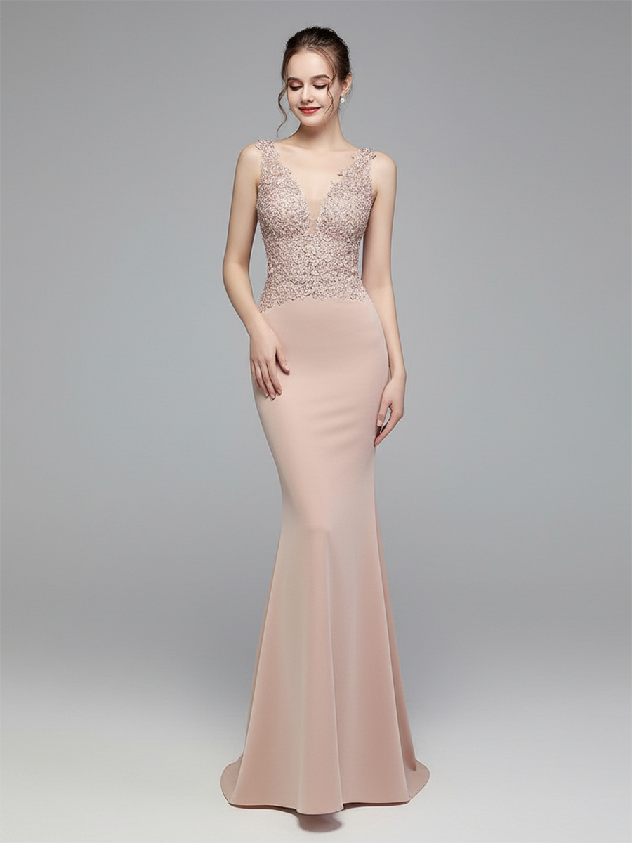 V-neck Sleeveless Embroidered Evening Dress MCW0951