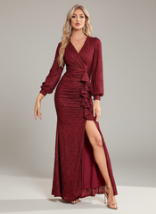 Long Sleeve Glitter Ruffled Prom Dress MCW1038