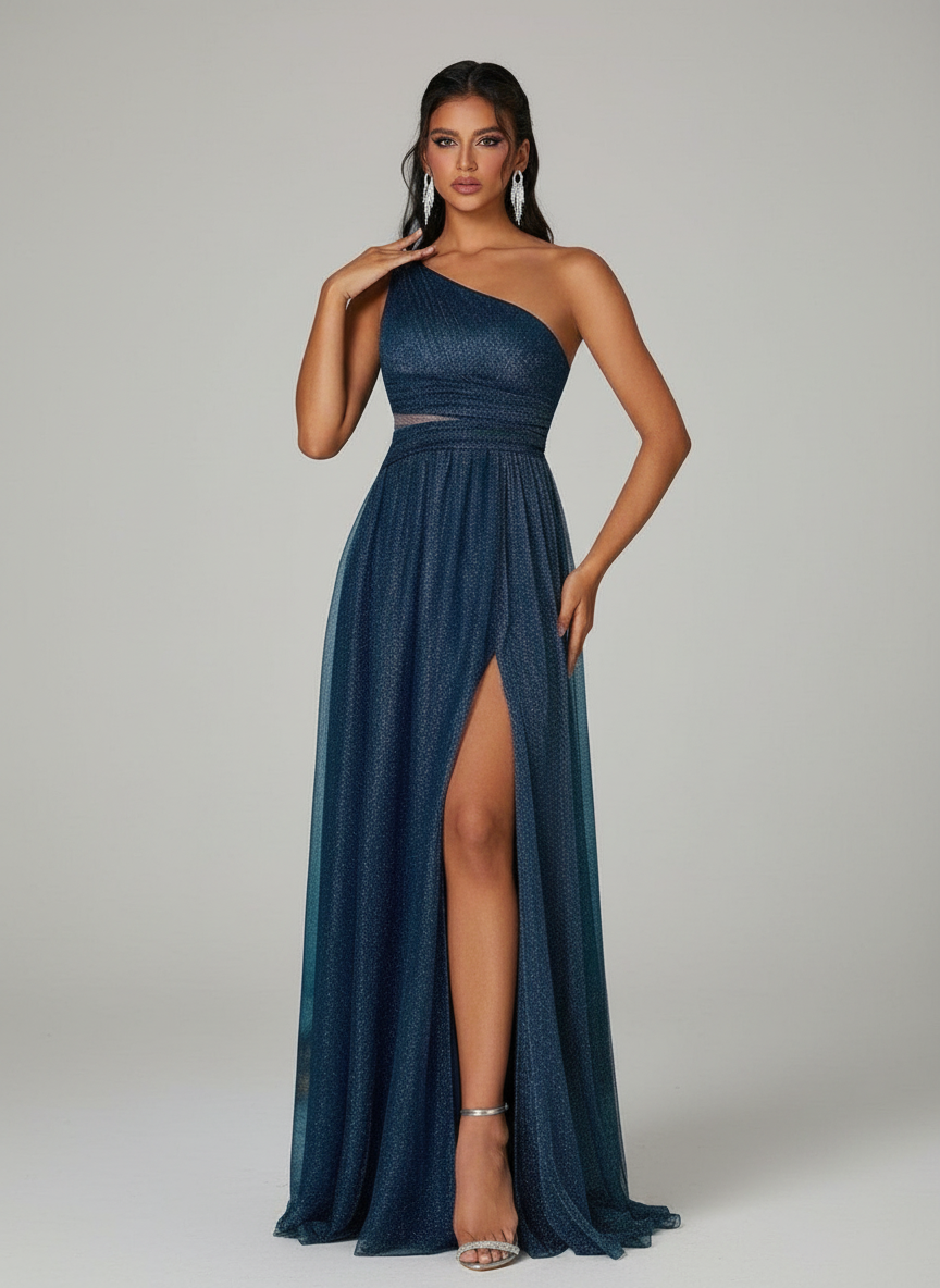 One Shoulder Mesh Pleated Prom Dress MCW1149