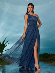 One Shoulder Mesh Pleated Prom Dress MCW1149
