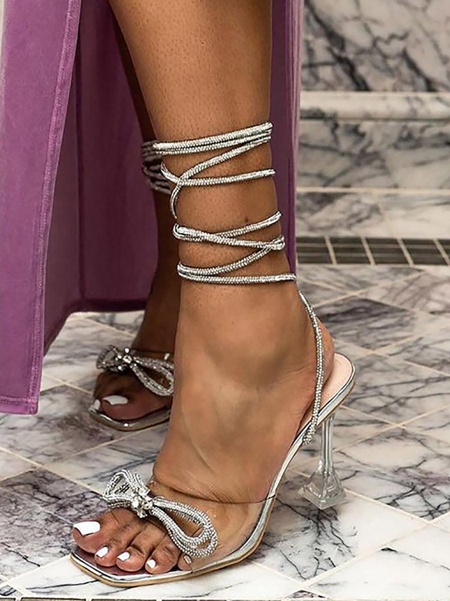 Square Open Toe Bow Rhinestone Heels MHE1090