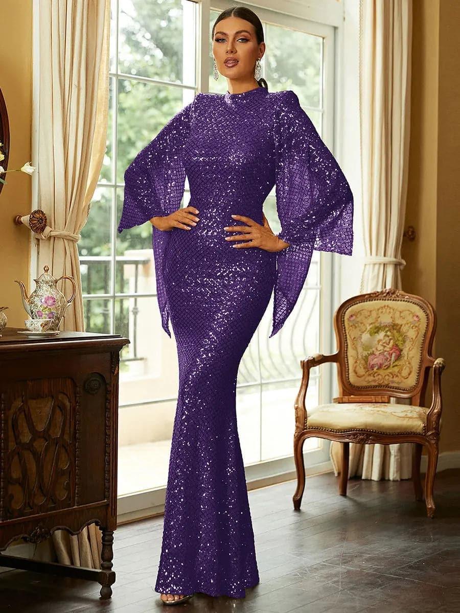 High Neck Sequin Bell Sleeve Mermaid Evening Dress XJ1263