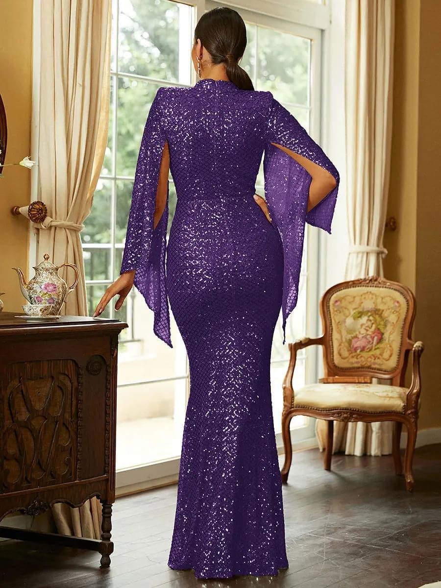 High Neck Sequin Bell Sleeve Mermaid Evening Dress XJ1263