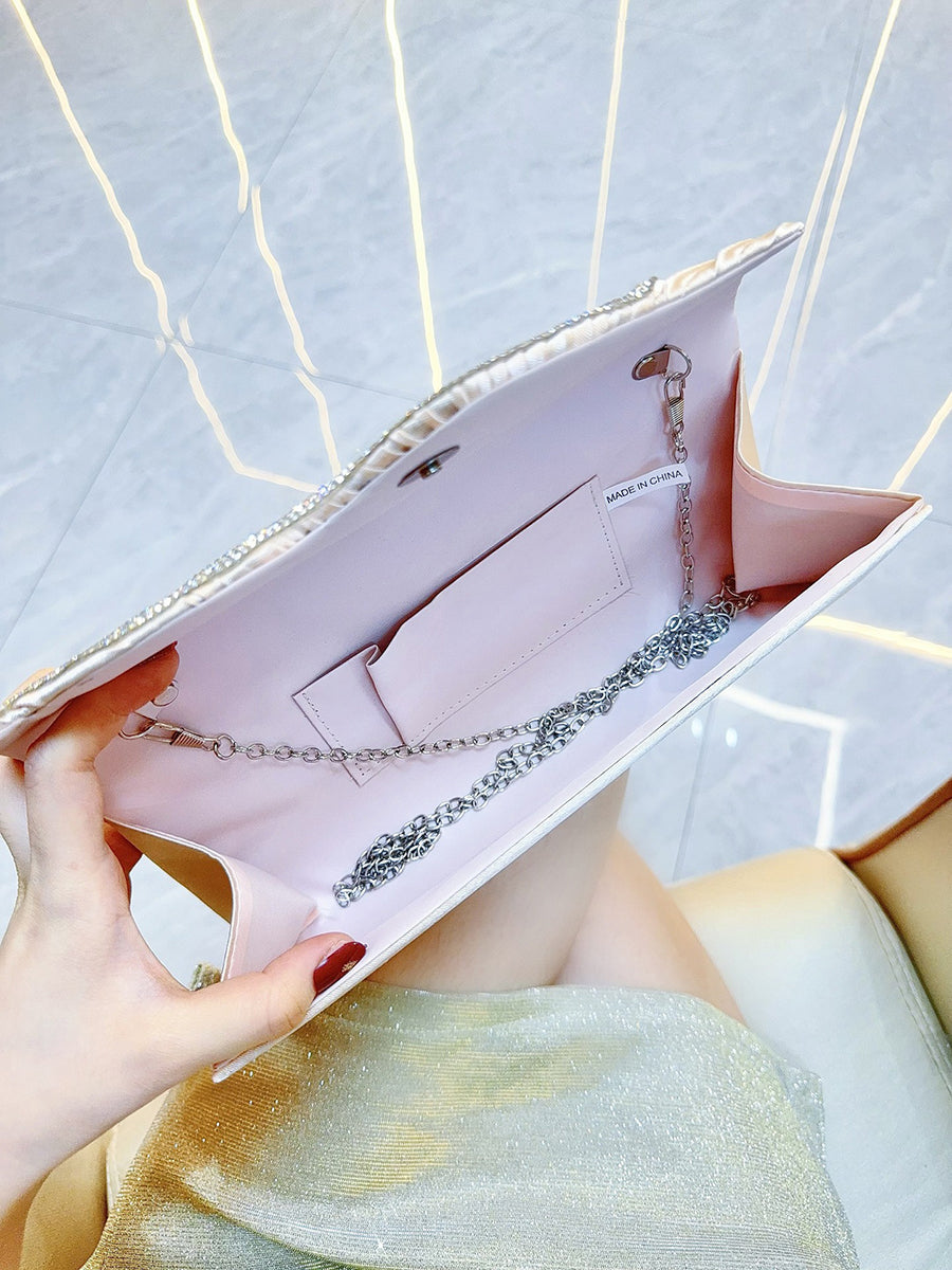Ivory Satin Pleated Crystal Wave Clutch MNBF130