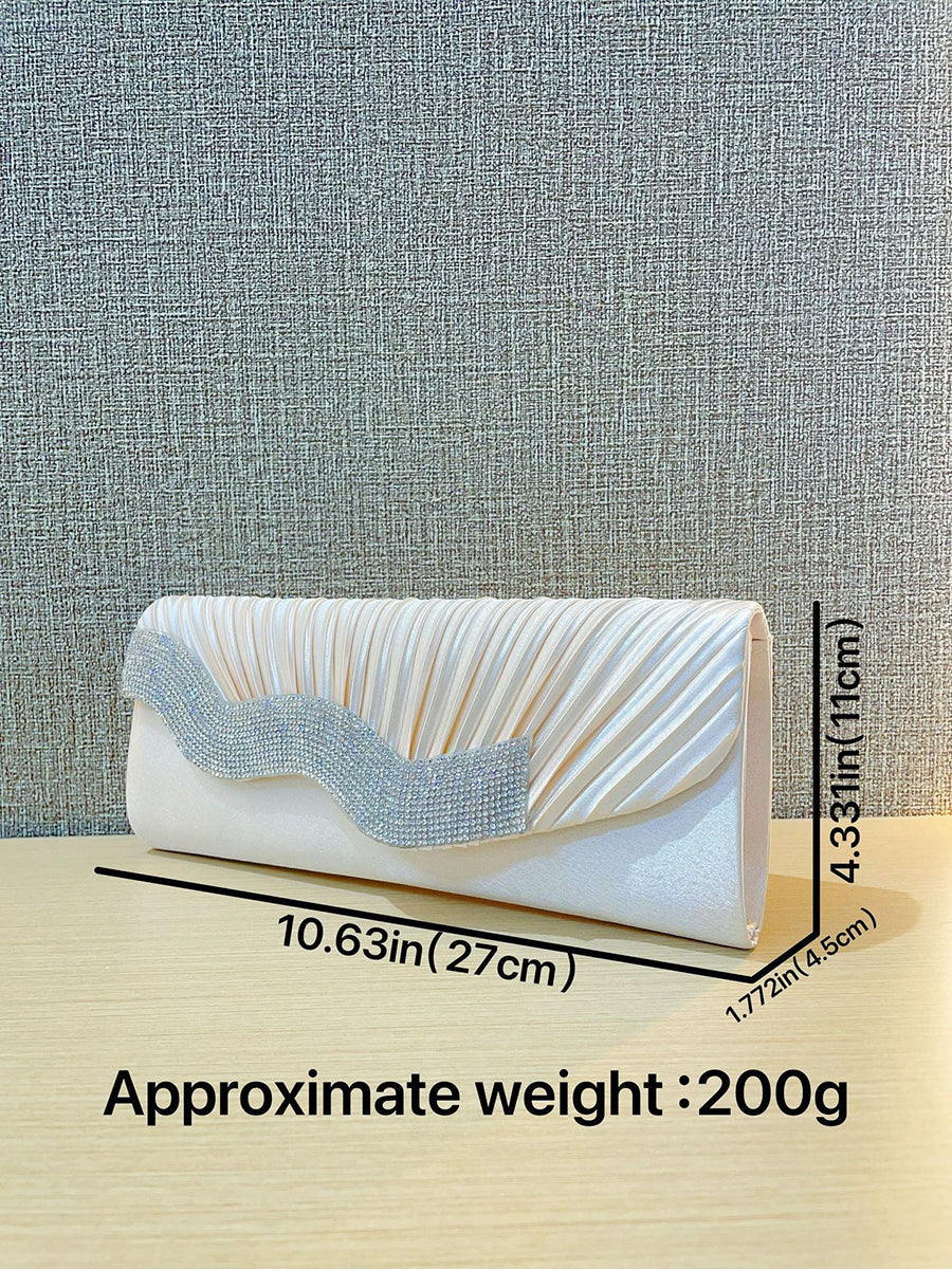 Ivory Satin Pleated Crystal Wave Clutch MNBF130