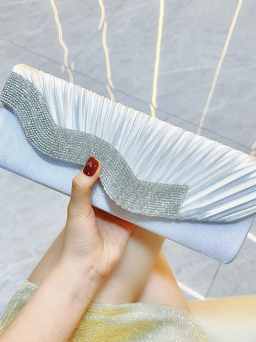 Ivory Satin Pleated Crystal Wave Clutch MNBF130