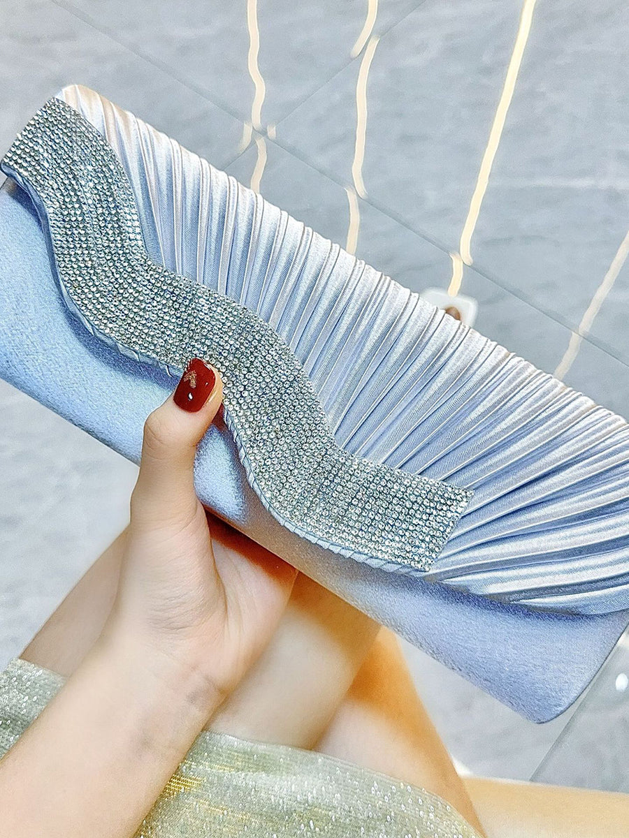 Ivory Satin Pleated Crystal Wave Clutch MNBF130