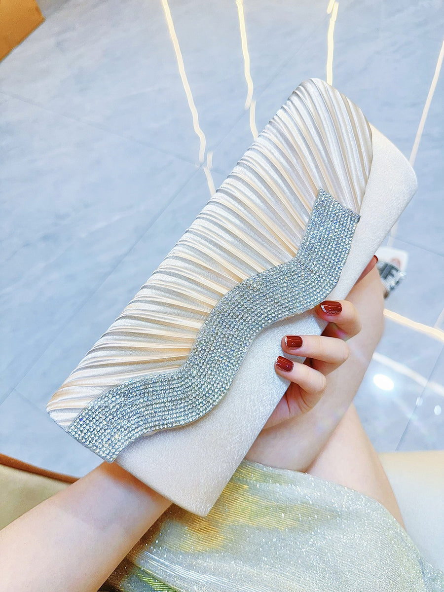 Ivory Satin Pleated Crystal Wave Clutch MNBF130