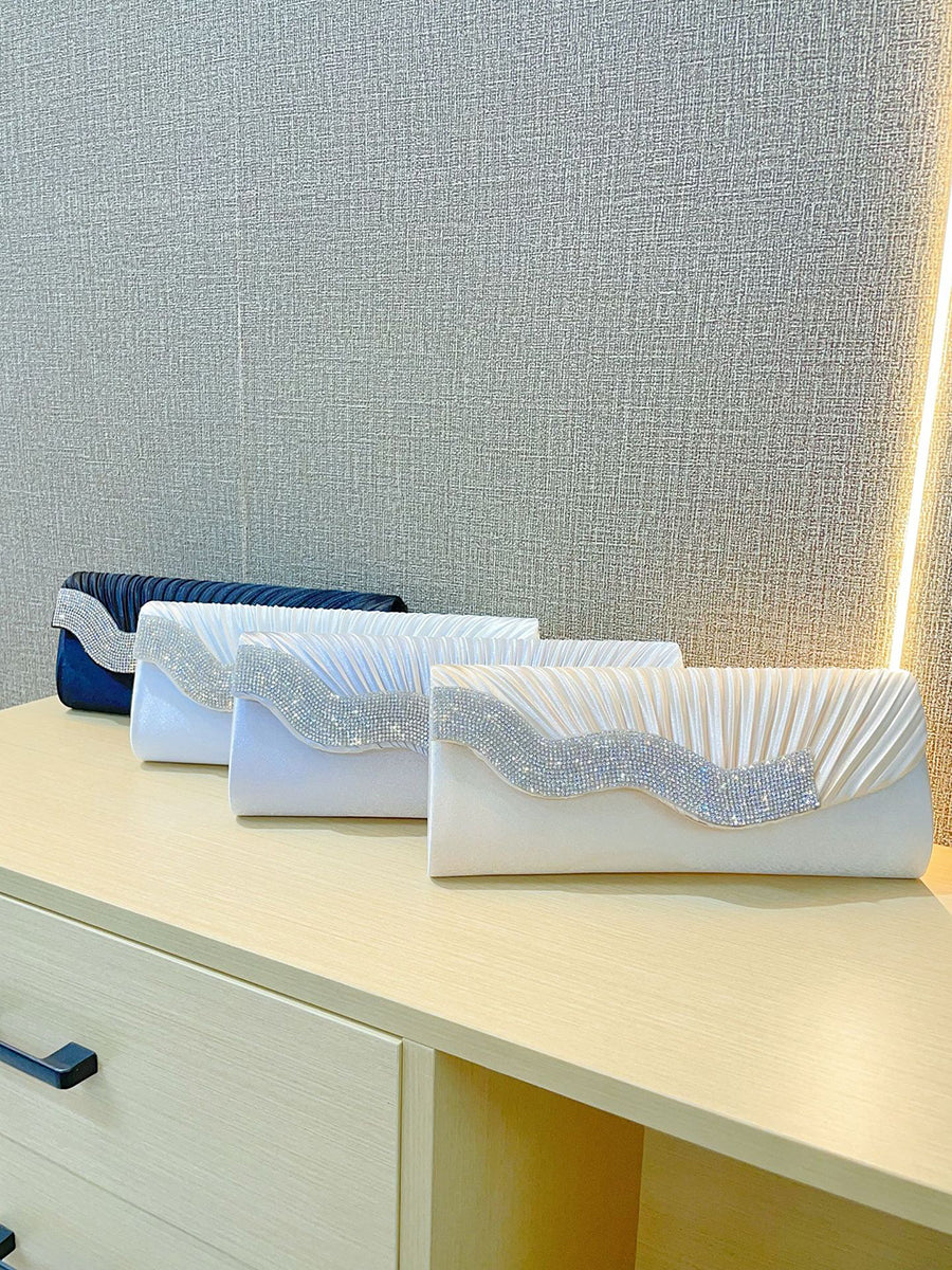Ivory Satin Pleated Crystal Wave Clutch MNBF130