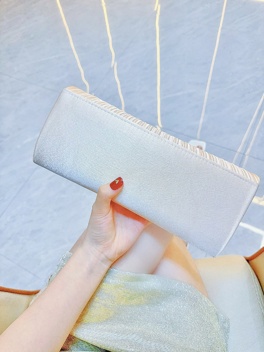 Ivory Satin Pleated Crystal Wave Clutch MNBF130