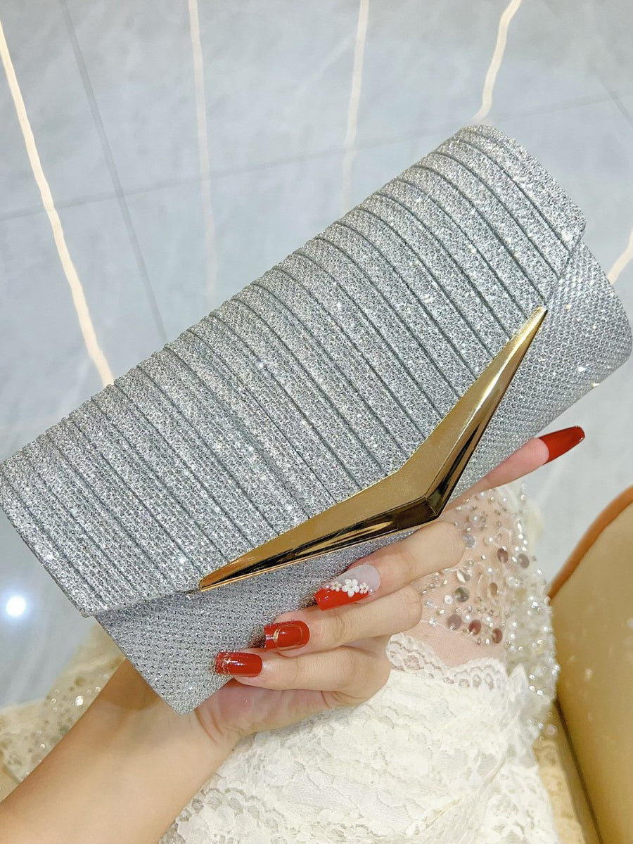 Silver Glitter Ribbed Clutch with Gold V-Accent MNBF131