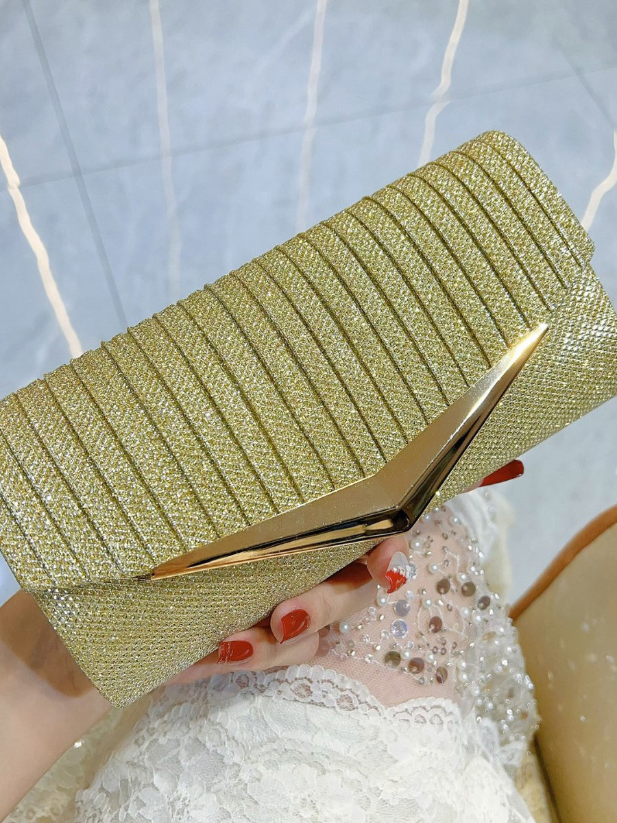 Silver Glitter Ribbed Clutch with Gold V-Accent MNBF131